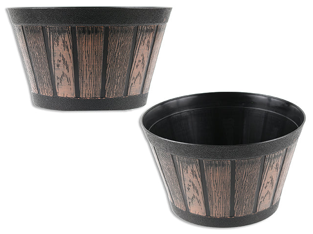 8in(TD) x 4.75in(H) Plastic Wooden Barrel Look Planter. 5.25in(BD).