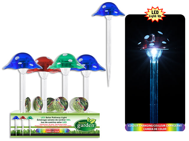 13in(H) Mushroom 1-LED Solar Pathway Light Stake in Dsp. 3.58in(D). 3 Asst.Colours. 12/Dsp.