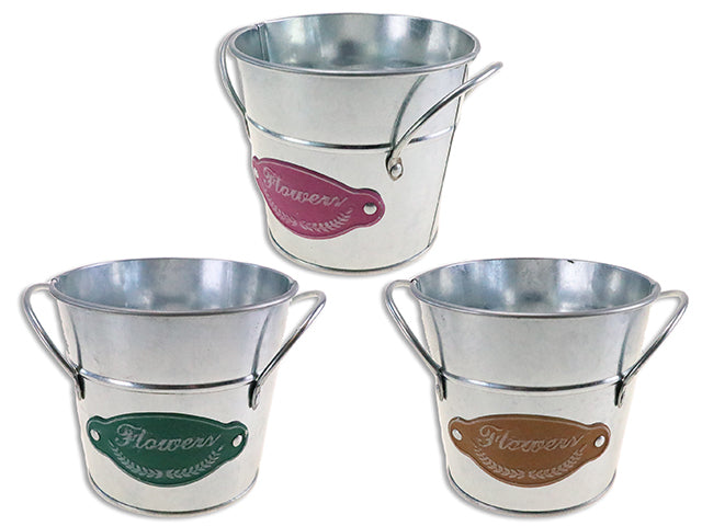 5in(TD) x 4-1/8in(H) Galvanized Round Ribbed Metal Planter w/Sticker + Handles. 3 Asst. Colours.