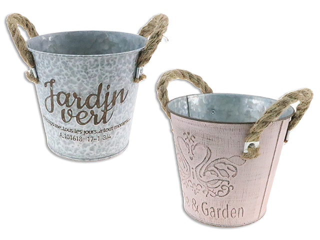 5-3/8In(Td) X 4-7/8In(H) Galvanized Round Printed Metal Planter W/Jute Handles. 2 Asst. Colours.