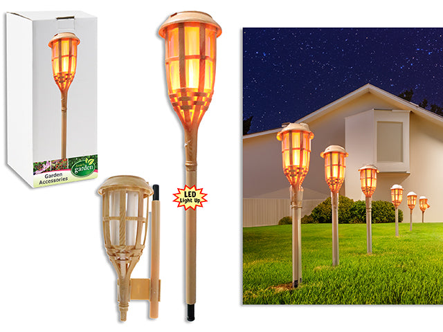 19in(H) B/O LED Bamboo Look Polynesian Solar Pathway Light Stake. Flickering Flame. Colour Box.