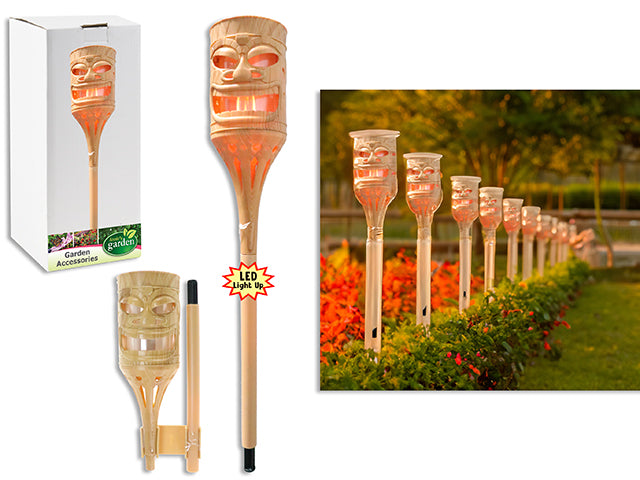 19in(H) B/O LED Bamboo Look Polynesian Tiki Solar Pathway Light Stake. Flickering Flame. Colour Box.