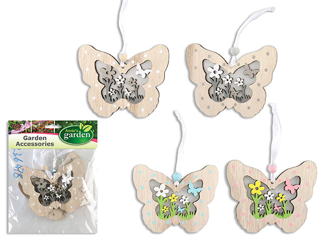 6.69In X 4.72In Die-Cut Bufferfly Garden Mdf Hanging Decor. Beaded Ribbon Hanger. 4 Asst. Cht.