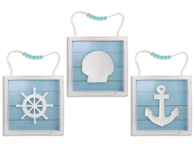 9.84In Nautical Sky Blue Framed 3-D Resin Wooden Wall Plaque W/Beaded Jute Hanger. 3Asst. Cht.