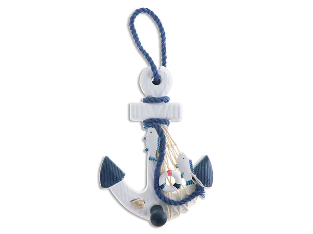 9.25In Nautical Wooden Die-Cut Jute Wrapped Anchor W/Fisherman Net & 3-D Decor & 2 Fish Toggle. Cht.