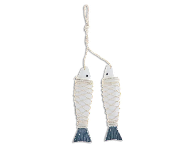 2Pk 13.75In Nautical 2-Tone Fisherman Net Wrapped Wooden Fish Hanging Decor. Cht.