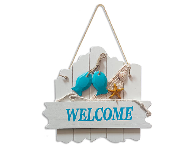 11.42in Nautical 2-Layered Wooden Fence Welcome Plaque w/3-D Tip-On. Jute Hanger. Cht.
