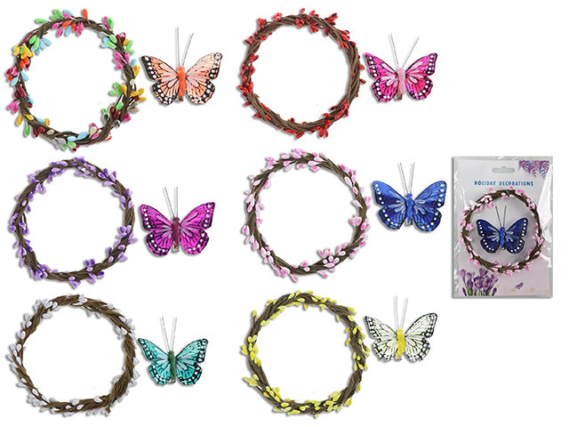 2.56In Printed Feather Butterfly Wire Clip W/10.3 Ft Pearlized Garland. 4 Asst.Colours. T.O.C.