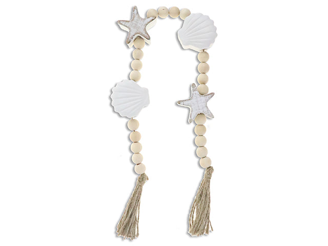 25In Wooden Beads Décor Garland W/Cotton Tassels. Incl: 2X Sea Shell+2X Star Fish+22X Beads. Cht.