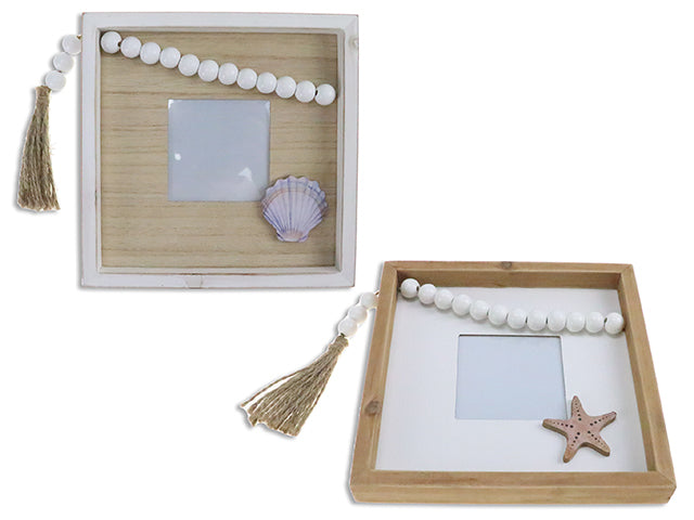 7.87In Framed Wooden Photo Frame Mdf 3-D Decor W/ Beads + Tassel. 2 Asst. Fits 4In X 4In Photo. Cht.