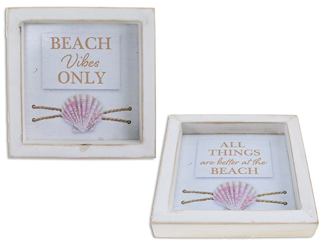 5.91In Framed Wooden Wall Plaque W/Beach Sayings + 3-D Resin Sea Shell + Jute Rope. 2 Asst. Cht.