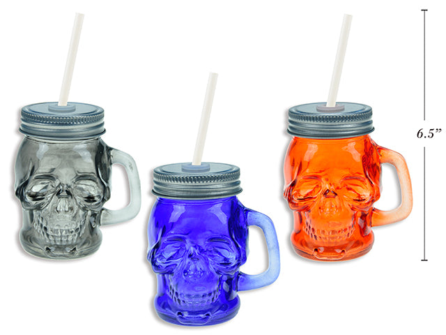 Halloween 3D Skull Mini Glass Mason Mug With Straws