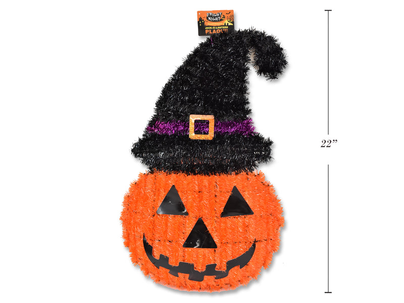 Halloween Tinsel Hanging Jack O Lantern Plaque With Witch Hat