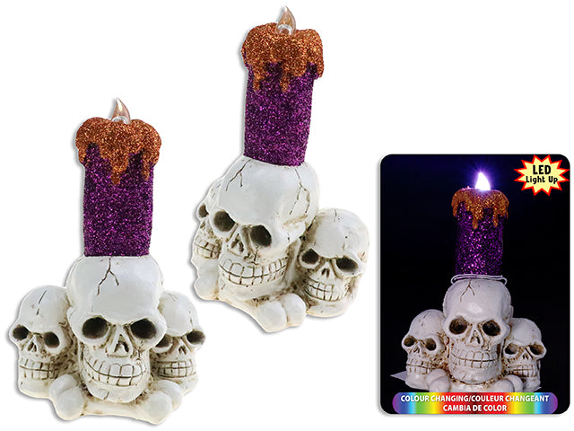 Halloween Battery Operated Led Polyresin Glitter Skull Candle Tabletop Decoration
