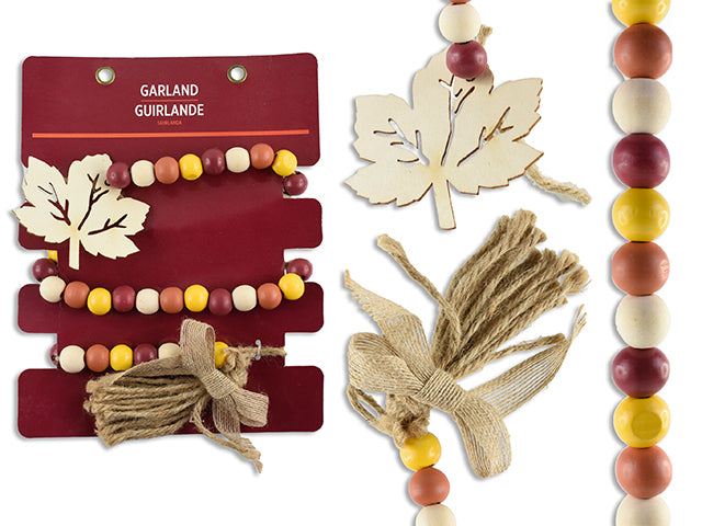 Harvest Beaded Wooden Decoration With Die Cut Maple Leaf And Jute Tassel