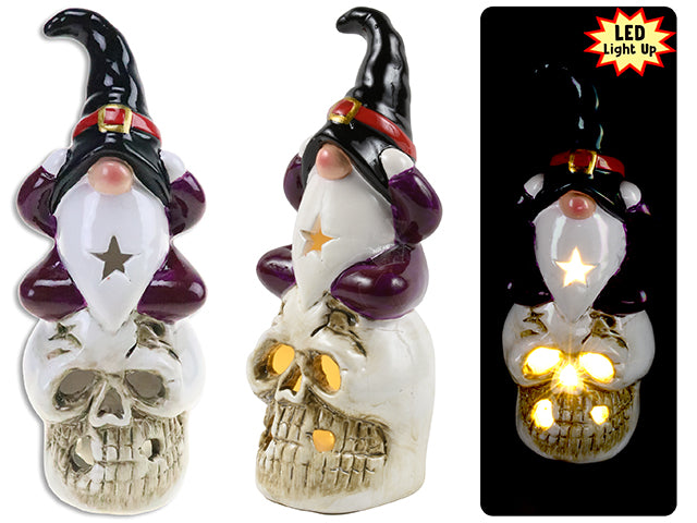 Halloween Battery Operated Led Terracotta Wizard Gnome Sitting On A Skull Tabletop Decor Small