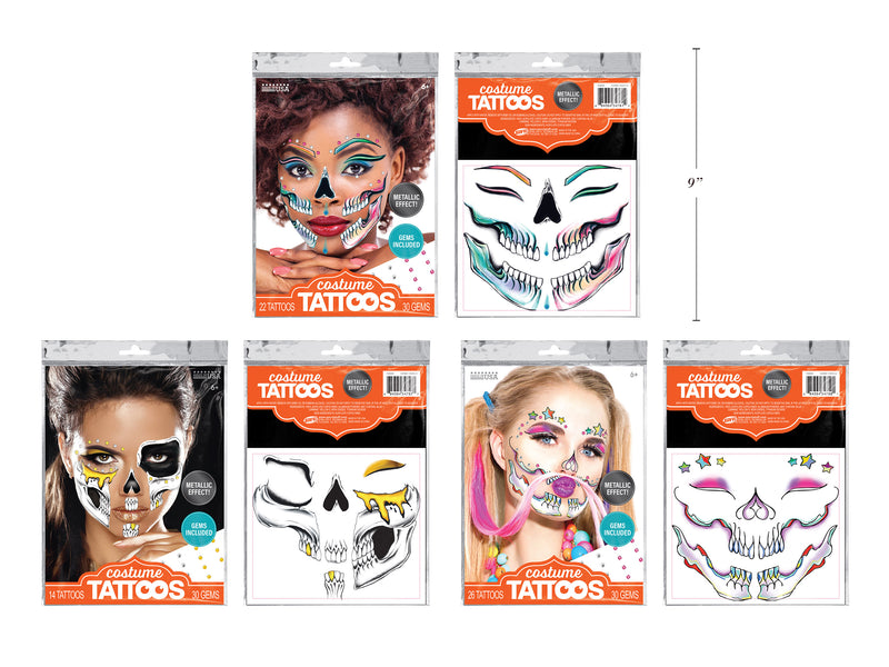 Halloween Metallic Glam Skull Costume Face Tattoos With Gems