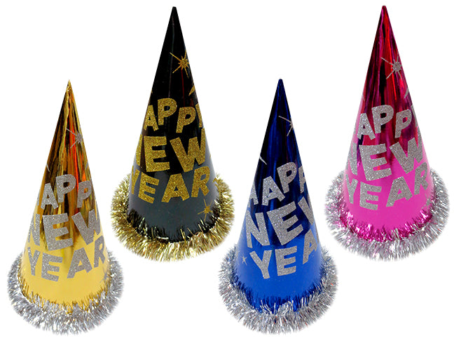 Happy New Year Foil Hat With Tinsel Rim