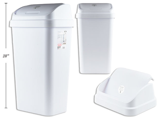 13 Gallon / 49 Liter SwingTop Wastebasket. White. 15-7/8in(L) x 12-1/8in(W) x 28-3/8in(H).