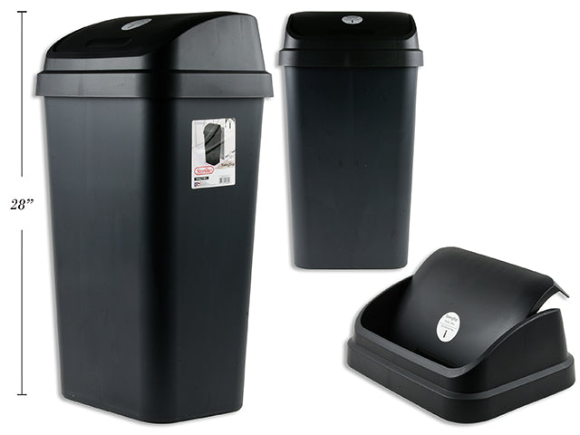 13 Gallon / 49 Liter Swingtop Wastebasket. Black. 15-7/8In(L) X 12-1/8In(W) X 28-3/8In(H).