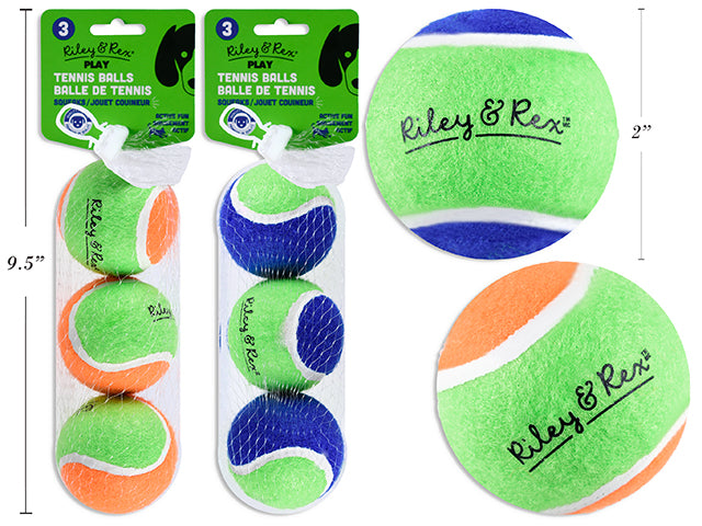3pk 50mm Dog Toy Squeaky Tennis Balls. 2 Asst.Colours. Netbag w/Header.