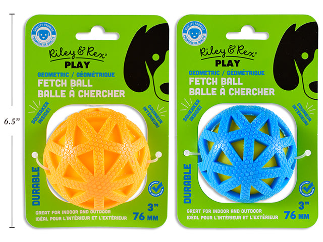 76mm Dog Geometric Fetch Ball. 2 Asst.Cols: Orange / Blue. Sleeve Card.