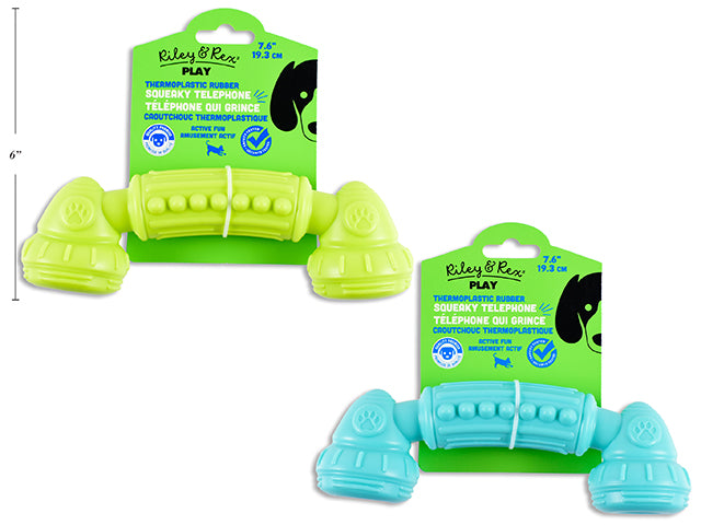 7-5/8in x 2-3/8in TPR Squeaky Telephone. Colours: Green / Blue. t.o.c.