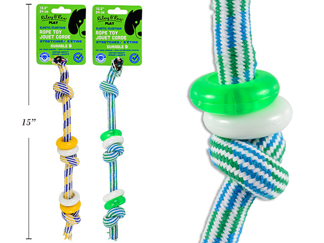 13-1/3in Elastic Rope Toy w/3 Knots + 4 Rings. 2 Asst.Colours: Green / Yellow.. Header Card.