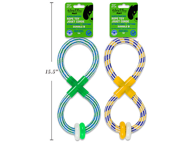 10-5/8in Elastic 8-Shaped Rope Toy w/Rings. 2 Asst.Colours: Green / Yellow.. Header Card.