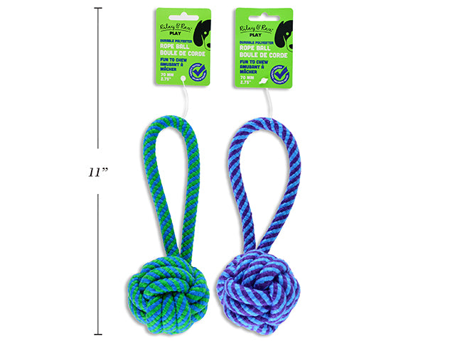 7in(L) 70mm Polyester DOG Rope Ball w/Handle. 65g. 2 Asst.Colours. h/c.