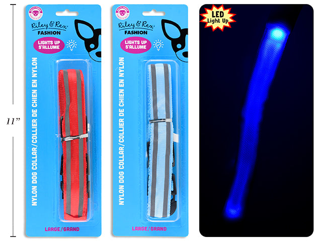 B/O Light Up Dog Nylon Collar -Large. 1in Width. 2 Cols: Red / Blue. b/c.