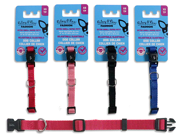 Adjustable Solid Nylon Dog Collar - Extra Small. 3/8in Width. 4 Asst.Colours. T.o.c.