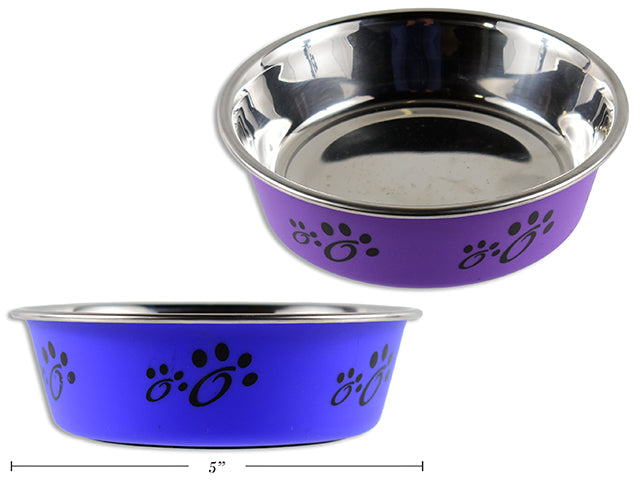 5in Non-Slip TPR Printed Stainless Steel Pet Bowl. 2 Asst.Colours: Dark Purple / Blue. Col.Label.