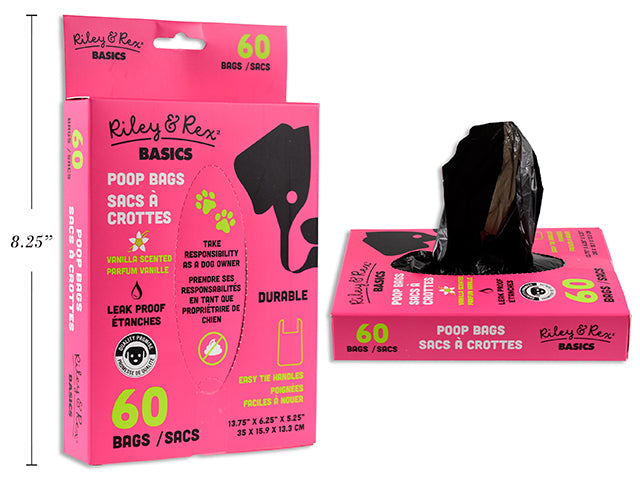 60pcs Scented Poop Bag w/Easy Tie Handles. Peggable Colour Box.