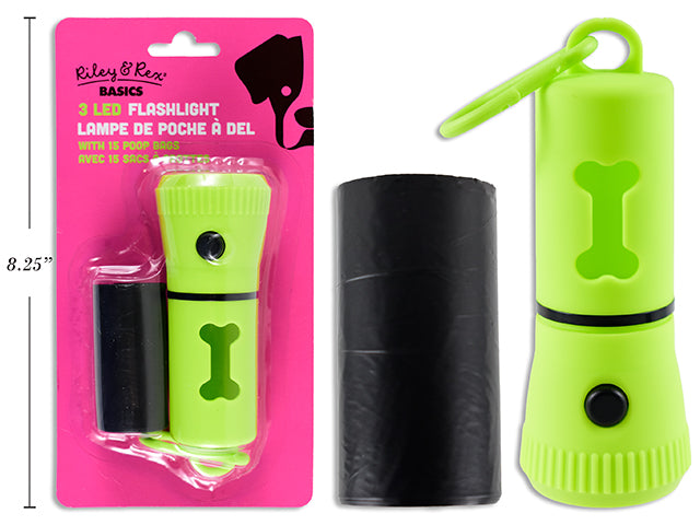 4.25in B/O LED Flashlight w/15 Poop Bags. Lime Green Only. b/c.