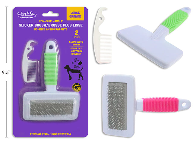Set/2 Pet S/S Slicker Brush w/Non-Slip Handle -Large. Incl: Plastic Comb. 2 Asst.Cols. b/c.