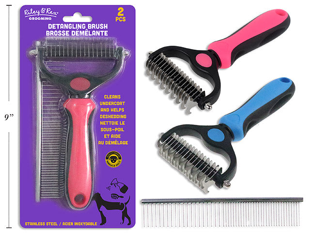 Set/2 Double Sided Pet Detangling Brush W/Non-Slip Handle. Incl: S/S Comb. 2 Asst.Cols. B/C.