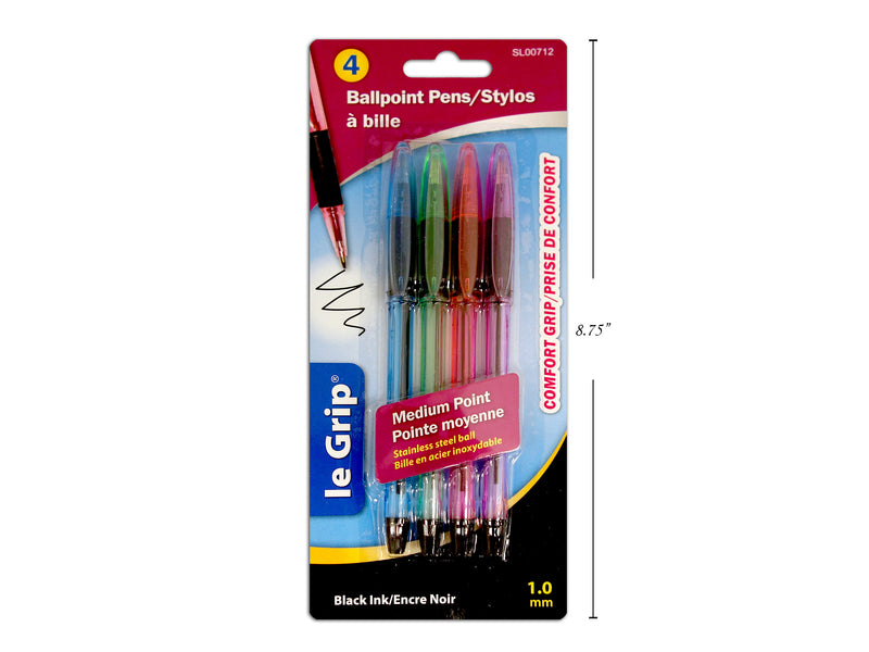 Black Ink Ball Pens With Grip 4 Pack
