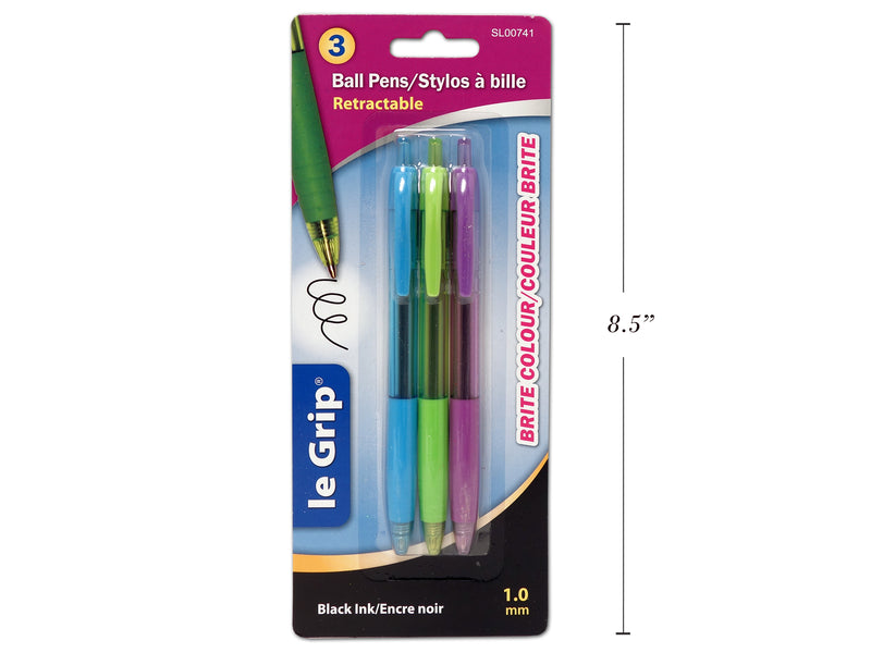 Retractable Black Ink Pens With Grip 3 Pack