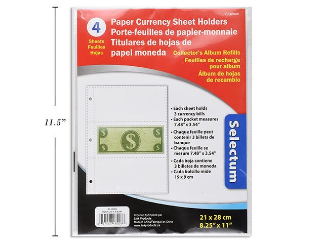 Paper Currency Sheet Holders 7.48X3.54" 4 Pcs/Pkg 21X28Cm Sheet Size ( For Binders )