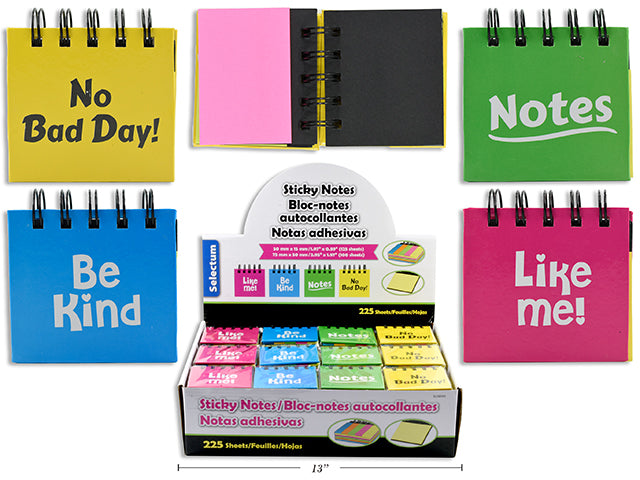 STICKY NOTES COIL BOOK 225 SHTS- 5 ASST COLORS ENGLISH ONLY, 7.5x7.5cm ( 2.96x2.90") PDQ ASST