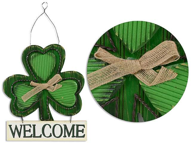 12.5in(H) St.Pat's 2-Layered 2-Section Shamrock MDF Welcome Plaque w/Metal Trim & Burlap Bow. Cht.