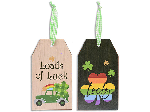 5-7/8in x 3-3/8in St.Pat's Luggage Style MDF Decor w/Plaid Ribbon Hanger. 2 Asst. Cht.