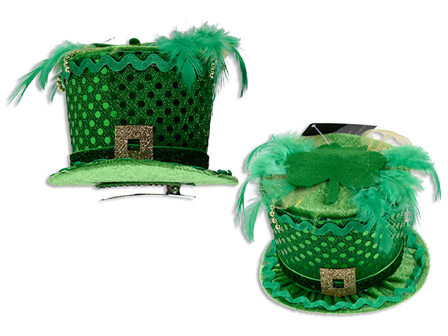 4In X 3.25In Sequin Leprechaun Hat W/Tip-On Felt Shamrock & Feather Hair Clip. J-Hook W/Cht.