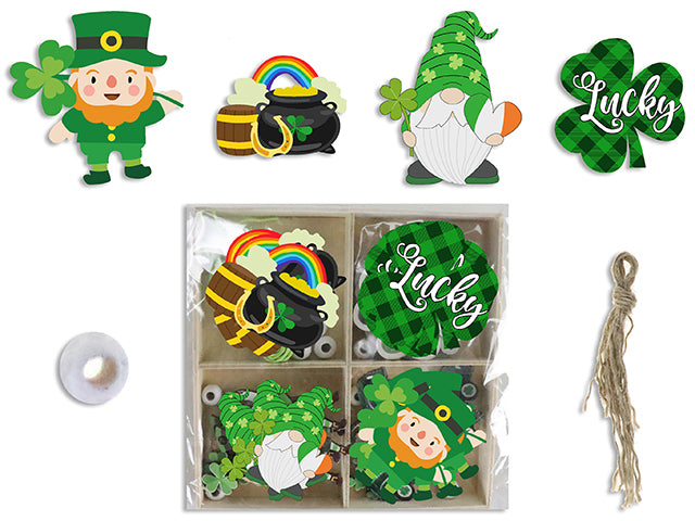 12pk 2.5in St.Pat's Die-Cut Wooden Decor in Wooden Box. 4 Designs/Pack. Shrink Wrap.