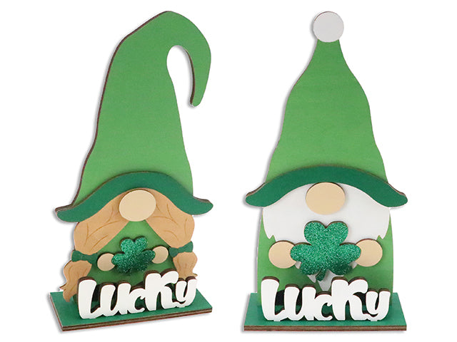 8-7/8in(H) St.Pat's LUCKY Gnome MDF Tabletop Decor. 2 Asst.Styles. Brown Box w/Col.Label.