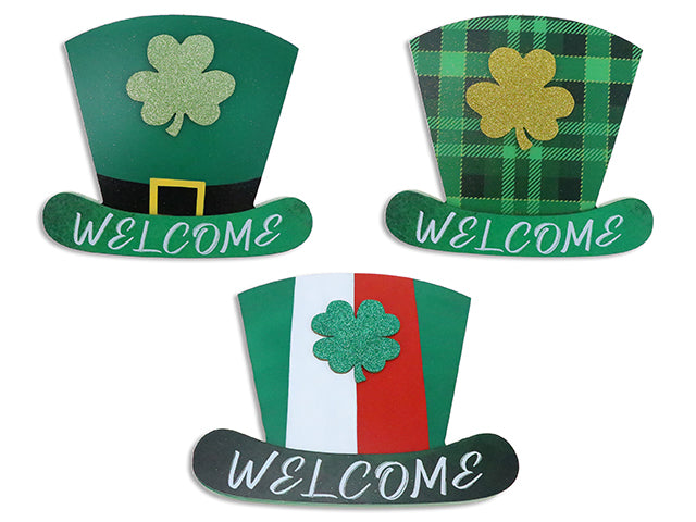 9-5/8in St.Pat's Glitter Leprechaun Hat Welcome Hanging Plaque. 3 Asst. Brown Box w/Col.Label.