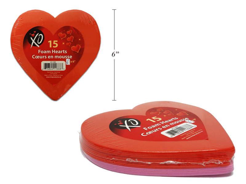 15pk 6.75in x 5.75in Vtine EVA Foam Heart Shapes. 2 Asst Col: Red/ Pink. Shrink + Col Label.