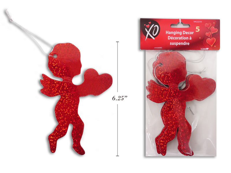 4pk 6.25in Holographic Hanging Cupid w/Heart Ornaments. 6.25in (H) x 4-1/8in (W). pbh.