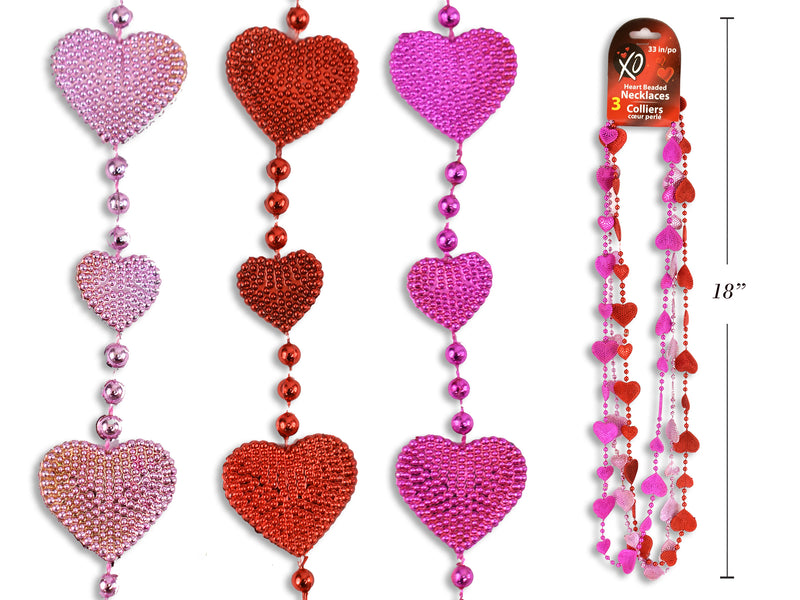 3pk 32in Vtine Studded Heart Beaded Necklace. 4mm Beads. 3 Asst. h/c.